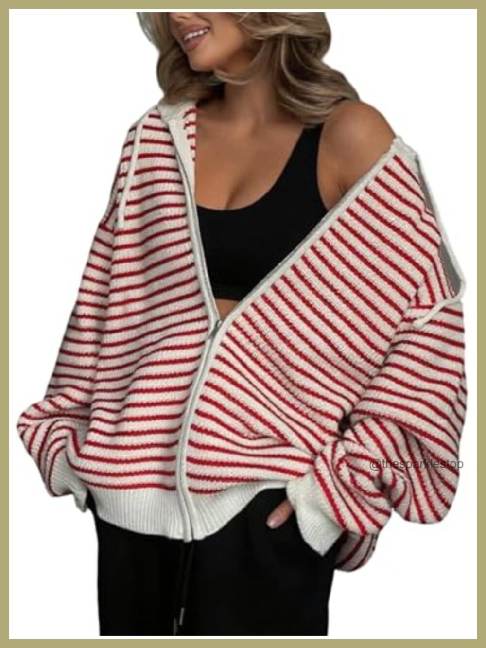 Women's Striped Zip Up Knit Hoodie Oversized Sweater with Hood